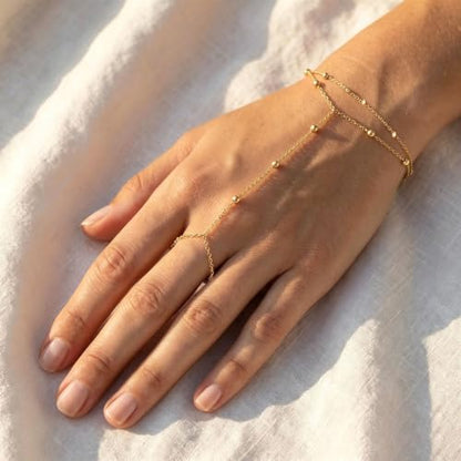 Evil Eye, Heart, Cross-Gold Ring Bracelet Hand Chain Layered Finger Bracelets for Women Delicate Link Chain Jewelry - style: 2 layered satellite chain bracelet-gold