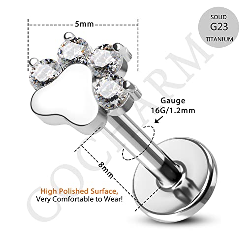 G23 Titanium Cartilage Earring Stud for Helix 16g Flat Back Dog Paw Cartilage Piercing Jewelry Front Top Screw Helix Tragus Earrings - color: Paw-8mm-Smaller Top