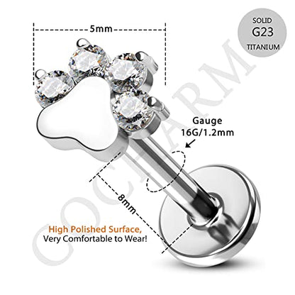 G23 Titanium Cartilage Earring Stud for Helix 16g Flat Back Dog Paw Cartilage Piercing Jewelry Front Top Screw Helix Tragus Earrings - color: Paw-8mm-Smaller Top