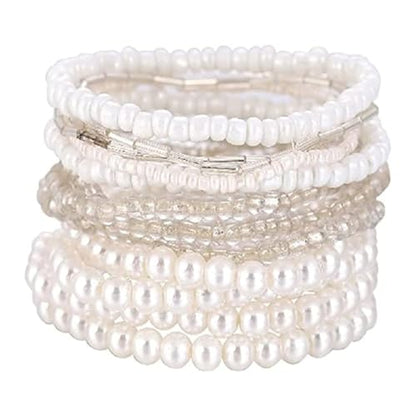 16-30Pcs Handmade Bohemian Colorful Crystal Seed Beads Stackable Adjustable Elastic Stretch Multilayerd Bracelets for Women Summer Vacation Beach Boho Bangle Jewelry - color: pearl