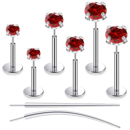 F136 Titanium 20/18/16G Earrings Nose Lip Rings Medusa Tragus Cartilage Helix Labret Flat Back Threadless Implant Grade Stud Piercing Jewelry for Women - color: Red CZ, size: 16g*6/8/10mm*2/3/4mm