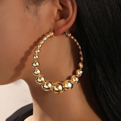 Gold Extra Large Hoop Earrings for Women,Round Metal Ball Beaded Dangle Earrings,Geometric Big Hoops Hanging Earrings Boho Vocation Everyday Jewelry - color: Golden