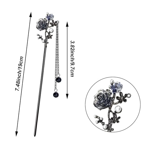 6PCS Chinese Hair Sticks Set, Black Japanese Hair Stick with Pearl Flower Butterfly Design Metal Hair Chopsticks Hair Bun Updo Holders Long Thick Hair Accessories for Women - color: 6pcs Black