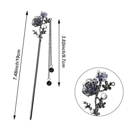 6PCS Chinese Hair Sticks Set, Black Japanese Hair Stick with Pearl Flower Butterfly Design Metal Hair Chopsticks Hair Bun Updo Holders Long Thick Hair Accessories for Women - color: 6pcs Black