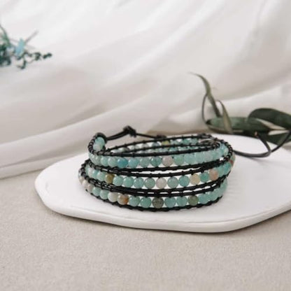 Handmade Alloy Leather Natural Stone Bead Statement Bracelet Bangle Cuff Rope 3 Wrap Adjustable Jewelry Collection - color: Amazonite & Black Leather Cord