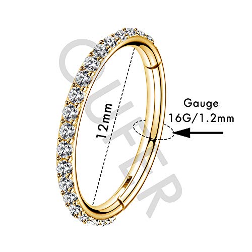 OUFER Gold Hinged Segment Earring Hoop 16G Stainless Steel with Cartilage Earrings Clear CZ Paved Tragus Helix Earrings Cartilage Earring Septum Nose Ring Hoop - color: Gold Plated-12mm diameter