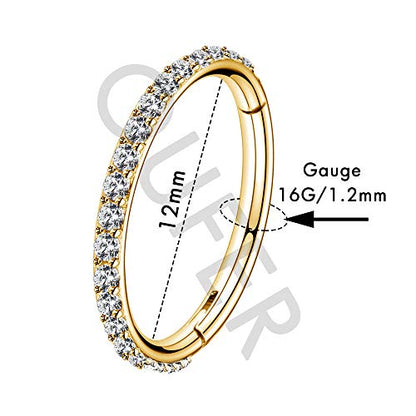 OUFER Gold Hinged Segment Earring Hoop 16G Stainless Steel with Cartilage Earrings Clear CZ Paved Tragus Helix Earrings Cartilage Earring Septum Nose Ring Hoop - color: Gold Plated-12mm diameter