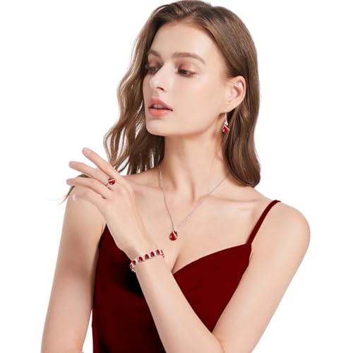 LMXXVJ Jewelry Set for Women,Teardrop Cubic Zirconia Necklace Earrings Adjustable Ring Bracelet Jewelry Set Formal Jewelry Gift - color: SYSD-White Gold-Ruby Red