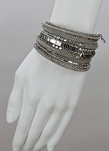 SPUNKYsoul Handmade Bohemian Multi-Color Beaded Coil Bracelet – Comfortable, Adjustable Boho Wrap Cuff That Stacks Easily and Lets You Effortlessly Elevate Any Outfit, Day or Night - style: Silver