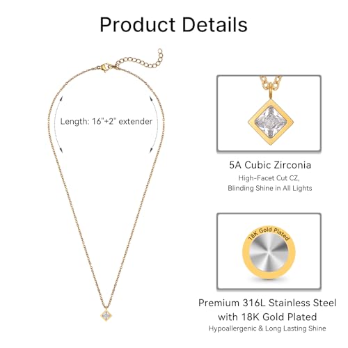 Dainty 316L Stainless Steel Square Necklace for Women Trendy, Cubic Zirconia Square Pendant Necklace Jewelry - color: 18KPG