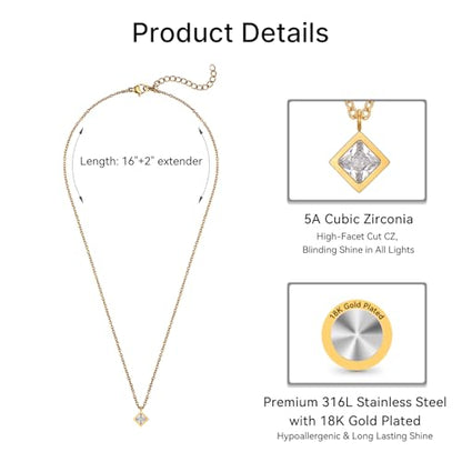 Dainty 316L Stainless Steel Square Necklace for Women Trendy, Cubic Zirconia Square Pendant Necklace Jewelry - color: 18KPG