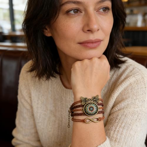 Adjustable Yoga Mandala Bracelet – Women’s Handmade Boho Braided Faux Leather Jewelry with Butterfly Charm