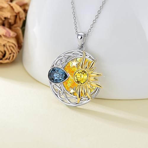 AOBOCO 925 Sterling Silver Moon Sun Star Necklace Celtic Jewelry for Women Girls - color: Silver&gold&yellow Opal