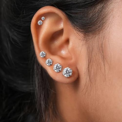 Ringcal Stainless Steel Stud Earrings Set Hypoallergenic Cubic Zirconia 14K White Gold CZ Earrings for Women - color: Silver-6Pairs-3 4 5 6 7 8mm