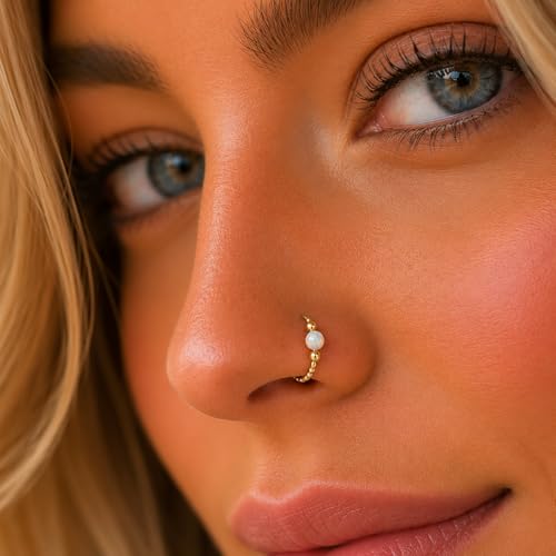 Jolliz Gold Fake Nose Ring with White Opal- Thin Tiny 20 Gauge 8mm Faux Nose Hoop - 14k Gold Filled Clip On Piercing Jewelry For Women - Handmade Fake Nose Rings - No Piercing Needed