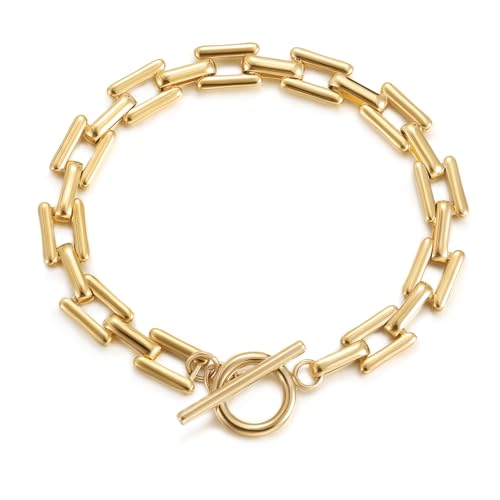 Chunky 14k Gold Cuban Bracelet 8 Inch Square Lock Toggle Clasp Women | Premium 14k gold plated chunky cuban link chain, square lock toggle clasp design, bold statement jewelry for daily women wear