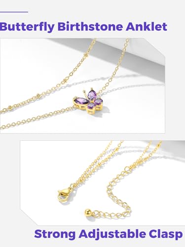 Richsteel Double Layer Heart/Butterfly Birthstone Anklet for Women | Non Tarnish Waterproof, Silver/Gold/Black Stainless Steel 8.5-10.5 Inch Adjustable Chain Anklets Summer Beach Foot Jewelry - color: Gold Butterfly-06 Jun.(Alexandrite)