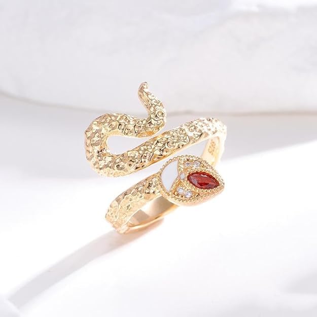 14K Gold-Tone Sterling Silver Adjustable Serpent Ring withRed Zirconia Eyes - Mysterious Snake Jewelry for Women