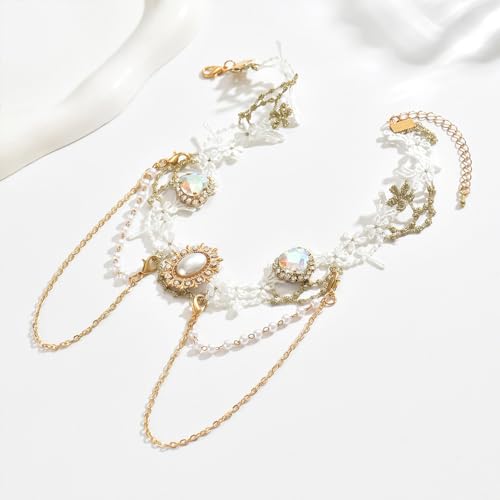 Gothic Lace Choker Necklace for Women, Pearl Sexy Tassel Adjustable Choker Necklace, Boho Halloween Jewelry for Festival Party Cosplay Costume Gifts - color: white Gold Pearl CZ