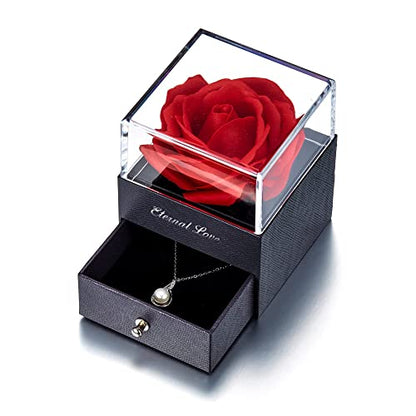 EleQueen 925 Sterling Silver CZ Freshwater Cultured Pearls Bridal Pendant Necklace Earrings Wedding Jewelry Sets, Valentine's Day/Mother's Day/Christmas Gift - style: 02-Preserved Real Rose Box+Ivory Pearl Jewelry Set