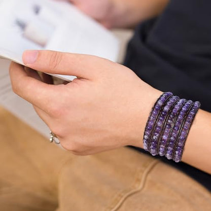 Genuine Stone Wrap Bracelets for Women Natural Crystal Beaded Wrap Bracelet 2/3/5 Adjustable Bohemian Bracelets Jewelry Gifts for Women Mom - color: amethyst(5 wraps)