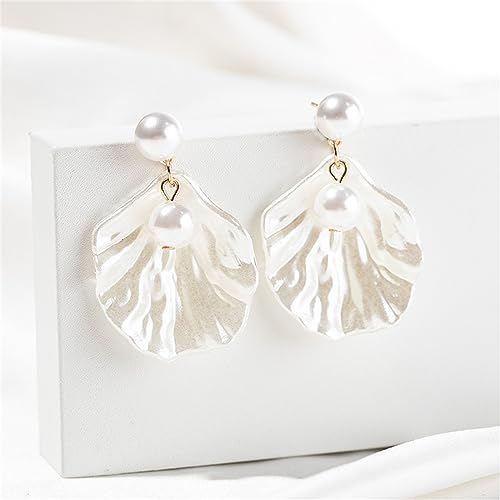 Seashell Pearl Stud Earrings for Women Ocean Sea Theme Sweet Double Layer Acrylic Shell Lightweight Dangle Drop Earrings for Summer Beach Holiday Halloween Party Jewelry Accessories - color: Two pearl white earrings