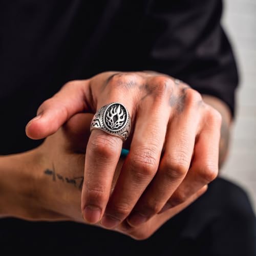 Dacc & Aya Custom Engraved Vintage Signet Ring 925 Sterling Silver Black Oxidized Personalized Statement Jewelry for Men - style: B-Flame