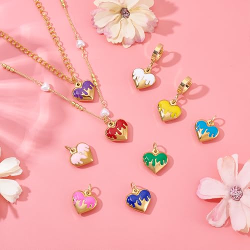 PH PandaHall 9pcs Heart Pendants, 9 Colors Golden Stainless Steel Charm 3D Love Heart Dangle Colorful Enamel Charms for Jewelry Findings Necklaces Bracelets Making