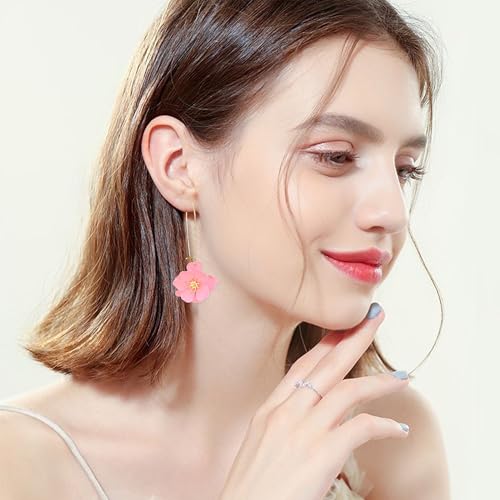 Bohemian Daisy Flower Matte Floral Long Petal Drop Dangle Earrings Layered Tiered for Women Chic Boho Wedding Jewelry - color: Pink