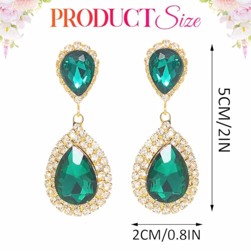 Catery Crystal Wedding Earrings Silver Rhinestone Ear Rings Teardrop Bridal Ear Jewelry for Brides and Women - color: Gold and Green