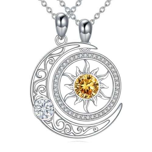Couples Necklace for 2 Sun and Moon Pendant Matching Jewelry Anniversary Birthday Gifts for Couples BFF - color: April&November