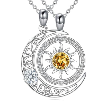 Couples Necklace for 2 Sun and Moon Pendant Matching Jewelry Anniversary Birthday Gifts for Couples BFF - color: April&November