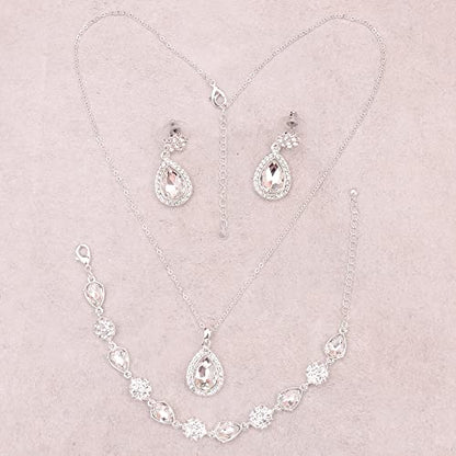 Bridesmaid Jewelry Set for Women,Pendant 18K Gold & Silver & Rose Gold Pendant Necklace Earrings Bracelet Set,Dainty Gift for Wedding/Proposal/Party/Anniversary - color: SILVER - 4 SETS