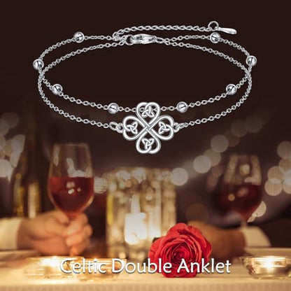 Four Leaf Clover/Chakra Leaf Anklets 925 Sterling Silver Double Layered Chain Women's Anklets Jewelry Gifts - style: Four Leaf Clover Anklets