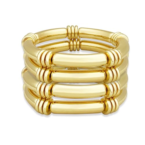 YBMYCM 5PCS Gold Chunky Bangles Bracelets for Women | 14k Gold Plated Stackable Layered Curved Bamboo Tube Stretch Bracelets Bangle Gift Jewelry - color: 4pcs G
