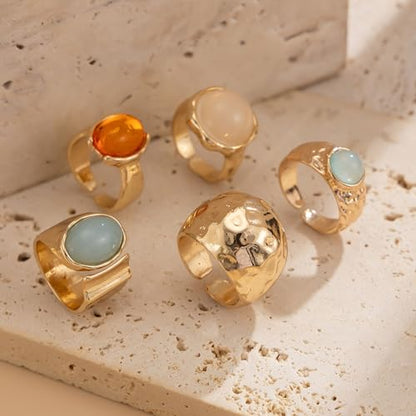 Chunky Rings for Women Stackable Vintage Adjustable Rings for Women Gold Statement Stone Ring Set Non Tarnish Vintage Jewelry - style: Gold 4