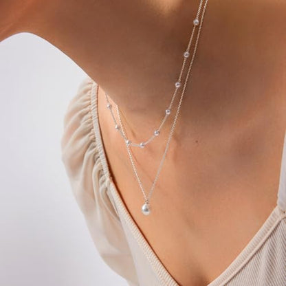 Zeffy Gold Pearl Necklace for Women, Dainty 14K Gold/Silve Plated Layered Pearl Choker Pearl Earrings Pearl Bracelets Wedding Trendy Gold Jewelry Set for Women Gifts - style: Silver Pearl Necklace-2PCS