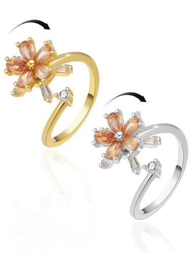 Anxiety Rings for Women – Adjustable Flower Spinner Ring, Daisy & Sunflower Fidget Ring, Gold Plated Calming Jewelry - style: Style 02 Pair