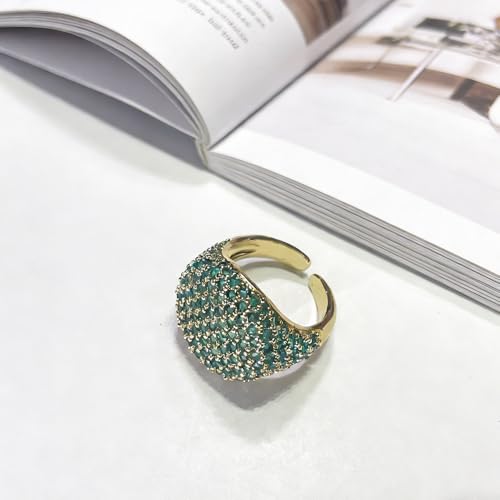 Luxury Dome Cubic Zirconia Adjustable Open Statement Ring for Women Men Gold-Tone Dainty Sparkly Crystal Colorful Rhinestone Geometry Statement Stacking Finger Band Wedding Party Fashion Jewelry - color: Green