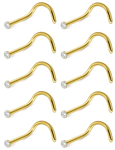 Hoeudjo Nose Studs Surgical Steel Cubic Zirconia Nose Rings Kit for Women Men Tiny Nose Stud Bone & Screw & L Shaped Nostril Piercing Jewelry 18/20/22/24 Gauge 10 Pieces - color: gold-tone,screw nose studs, size: 18g/1.5mm clear CZ
