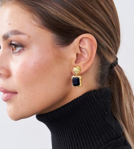 Chunky Gold Geometric Stud Earrings Trendy Vintage 14K Gold Plated Black Cubic Zirconia Statement Cocktail Earrings Dupes Jewelry for Women - style: Black Dangle