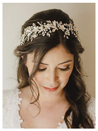 SWEETV Handmade Rhinestone Wedding Headband Flower-Leaf Bridal Headpieces for Wedding Pearl Hair Accessories (Silver) - color: Silver