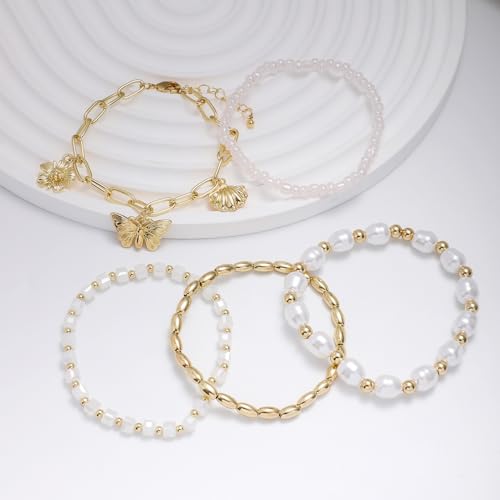 LALAPPLE Shell Bracelet Boho Beaded Stretch Bracelets for Women Seashell Strand Bracelets Starfish Charm Jewelry Summer Beach Jewelry Stackable Crystal Gold Plated Beads Bracelet for Women - style: T-Style9 butterfly