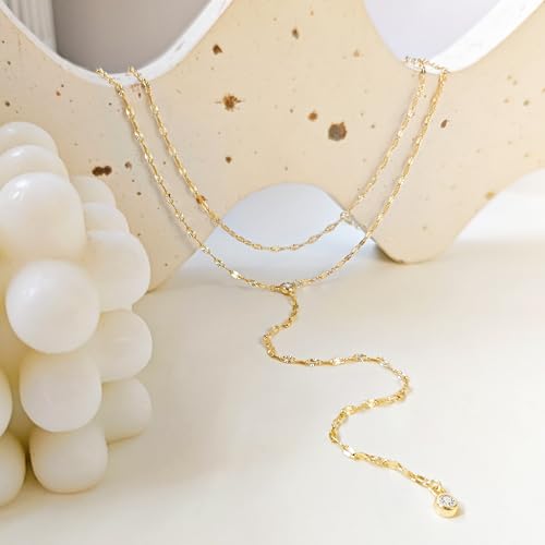 Zeffy Lariat Gold Necklace for Women, Dainty Long Necklace 14k Gold/Silver Plated Layered CZ Beaded Bar Chain Y-Shaped Body Chain Stack Drop Wedding Necklace Trendy Simple Gold Jewelry Gifts - color: Gold CZ Layered Y Necklace(1PCS)