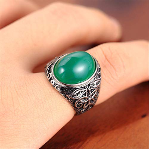 Retro Unisex Stainless Steel Oval Gemstone Hollow Flower Carved Signet Ring - color: Silver-Green