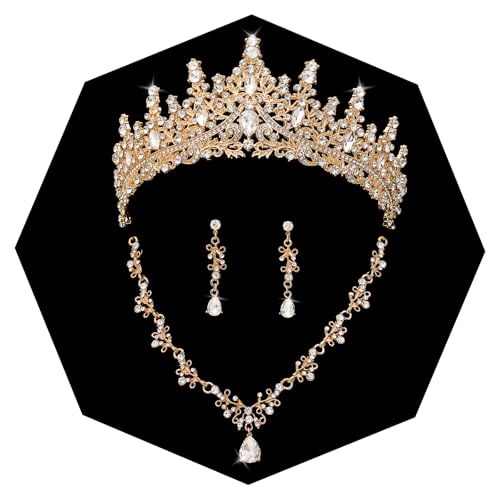 Crystal Crown Jewelry Set for Women Bride Queen Tiara Earrings and Necklace | Metal Royal Crown Costume Jewelry Set Wedding Prom Quinceanera Party Pageant Halloween Retirement Christmas Birthday Gift - color: Gold