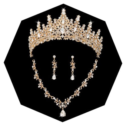 Crystal Crown Jewelry Set for Women Bride Queen Tiara Earrings and Necklace | Metal Royal Crown Costume Jewelry Set Wedding Prom Quinceanera Party Pageant Halloween Retirement Christmas Birthday Gift - color: Gold
