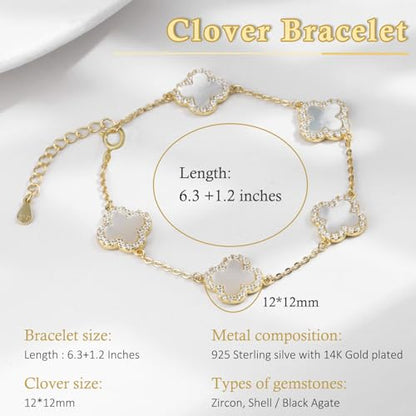925 Sterling Silver Four Leaf Clover Bracelet – Real Silver Lucky Clover Jewelry for Women, Dainty Good Luck Gift for Her - color: Gold – White + Black Set