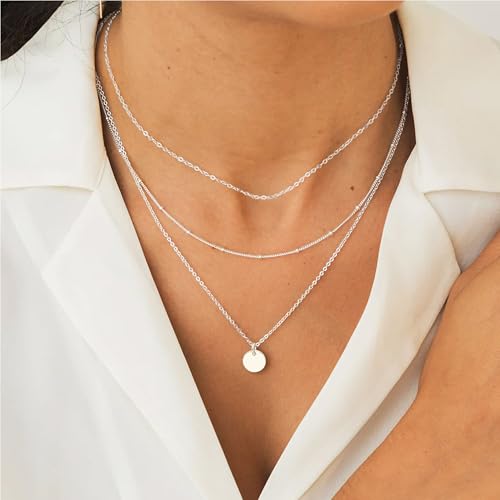 Aisansty Dainty Layered Choker Necklaces Handmade Coin Tube Star Pearl Pendant Multilayer Adjustable Layering Chain Gold Plated Necklaces Set for Women - color: Silver, style: Silver-Layered Disc