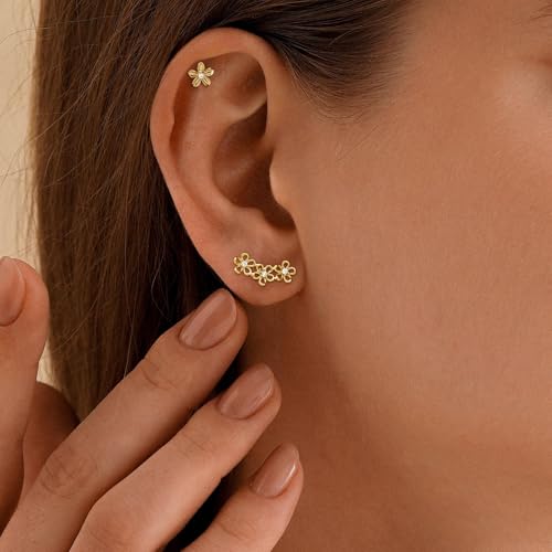 Star 14K Gold Plated Ear Cuff Earrings for Women Non Piercing, Dainty Silver Plated Clip on Cartilage Ear Cuff Non Pierced Trendy CZ Northstar Starburst Sparkling Climber Clawer Earring Jewelry - style: Flower Cluster-4